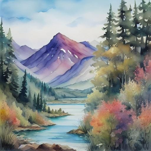 Lake and Mountains in Vibrant Watercolor