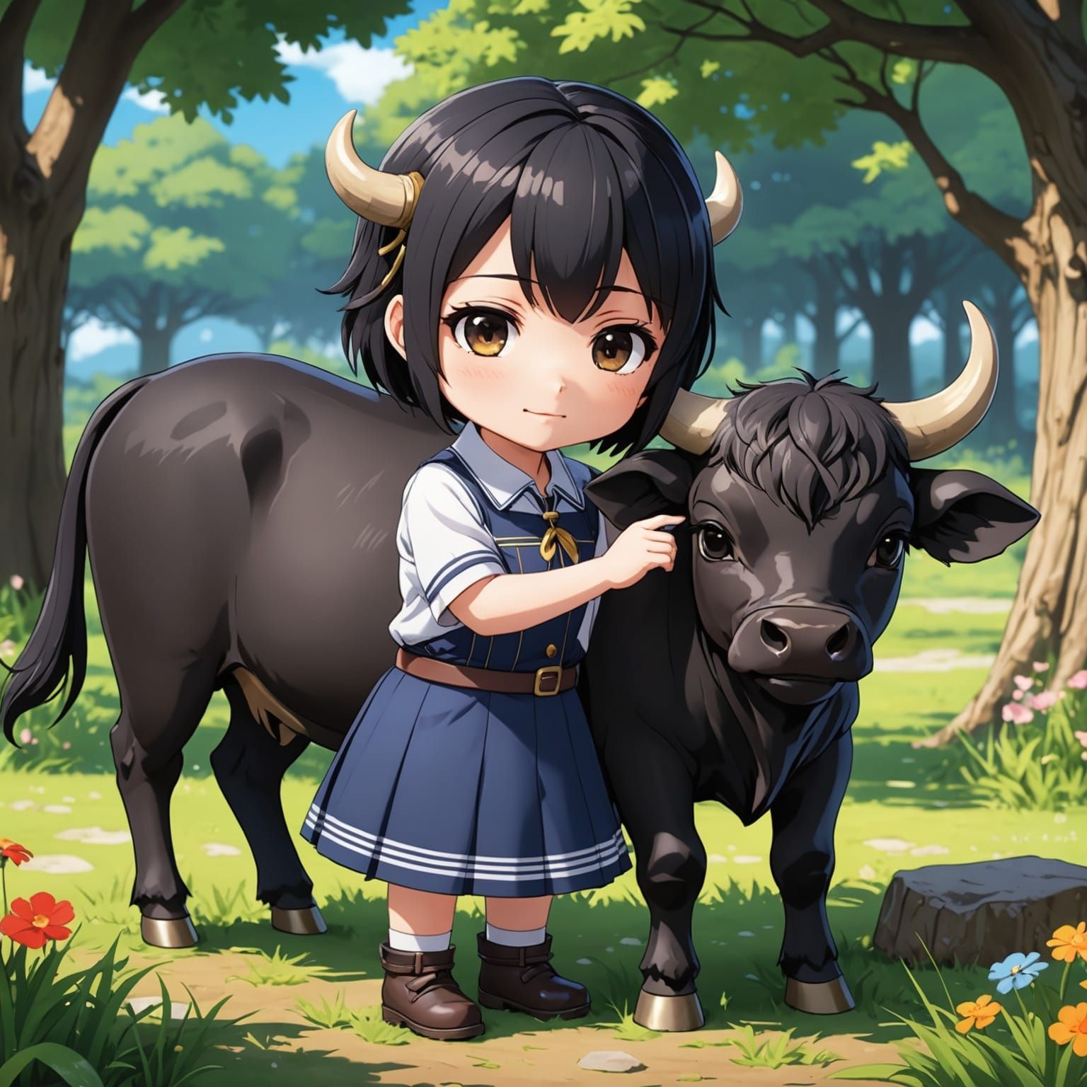 Anime Chibi Girl Petting Ox in UHD