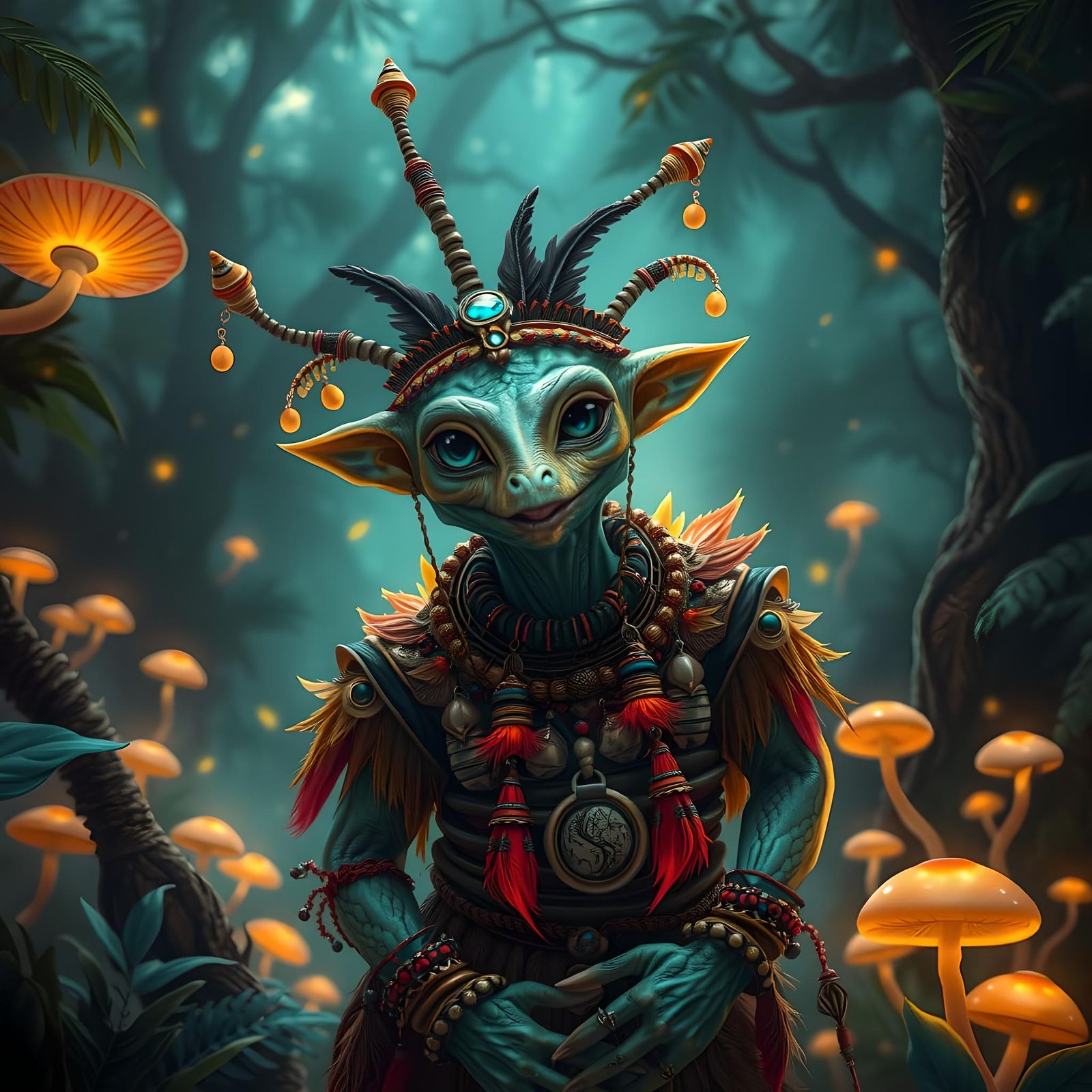 Chameleon Alien Shaman in Bioluminescent Rainforest