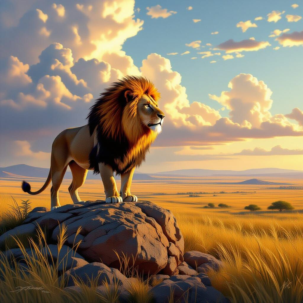 Fiery Lion King Overlooks Sun-Drenched Savanna