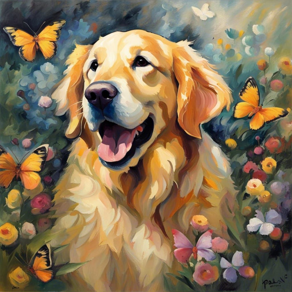 Golden Retriever in Flower Field: Cézanne Style