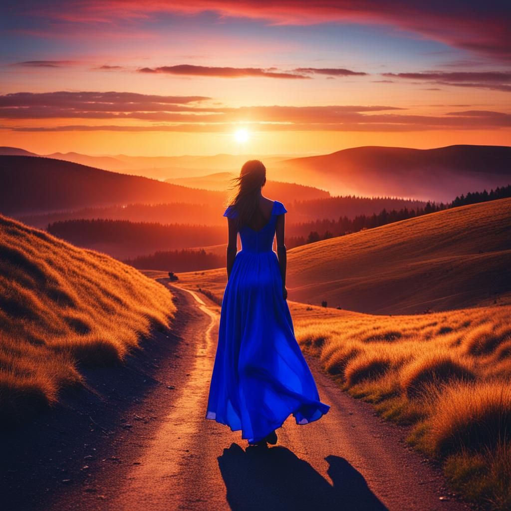 Silhouette of a Woman in Blue Gown at Sunrise