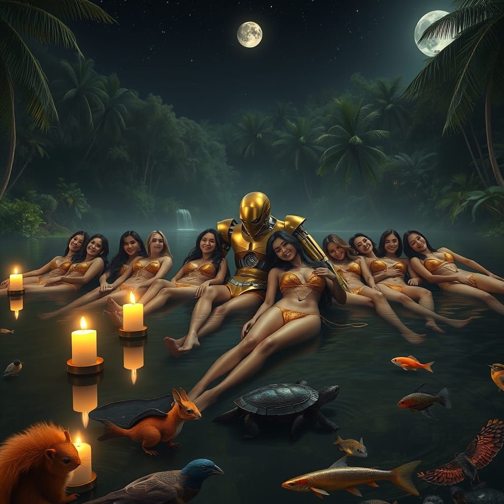 Luminous Night Scene with Golden Robot and Tropical Jungle