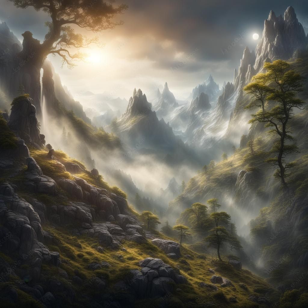 Misty Mountain Landscape with Magical Sunlight