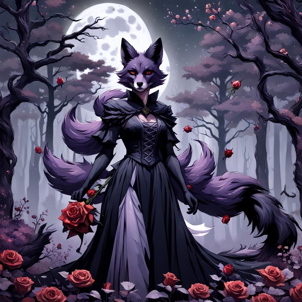 Kitsune Girl Portrait in Dark Forest