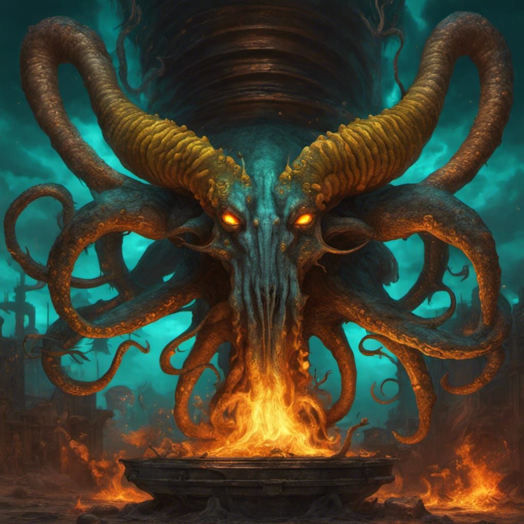 Teal Cephalopod on Fiery Kiln: Dark Fantasy Art