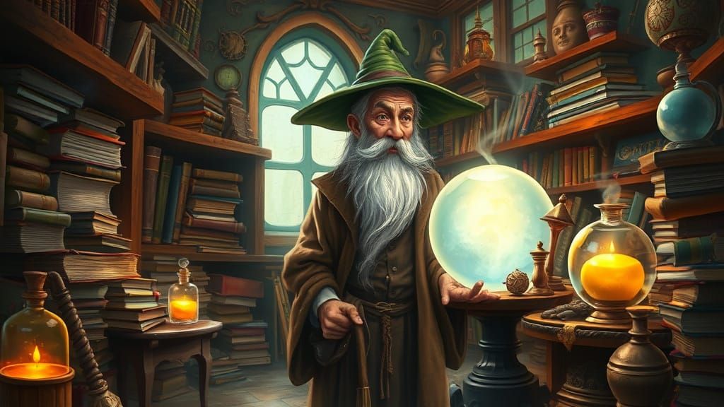 Whimsical Wizard in Study with Magical Energy