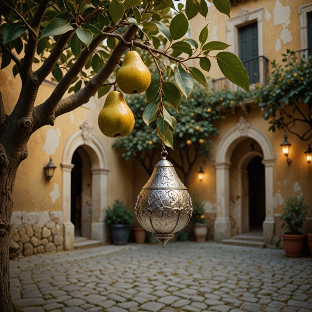 Baroque Courtyard Scene with Nutmeg and Pear