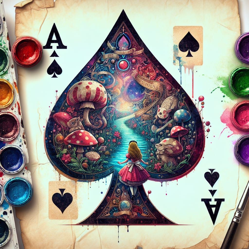 Vintage European-Inspired Ace of Spades Featuring Alice in W...
