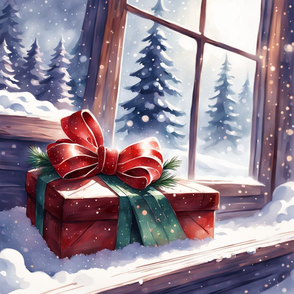 Fantasy Christmas Toy on Snowy Windowsill: Watercolor Sketch