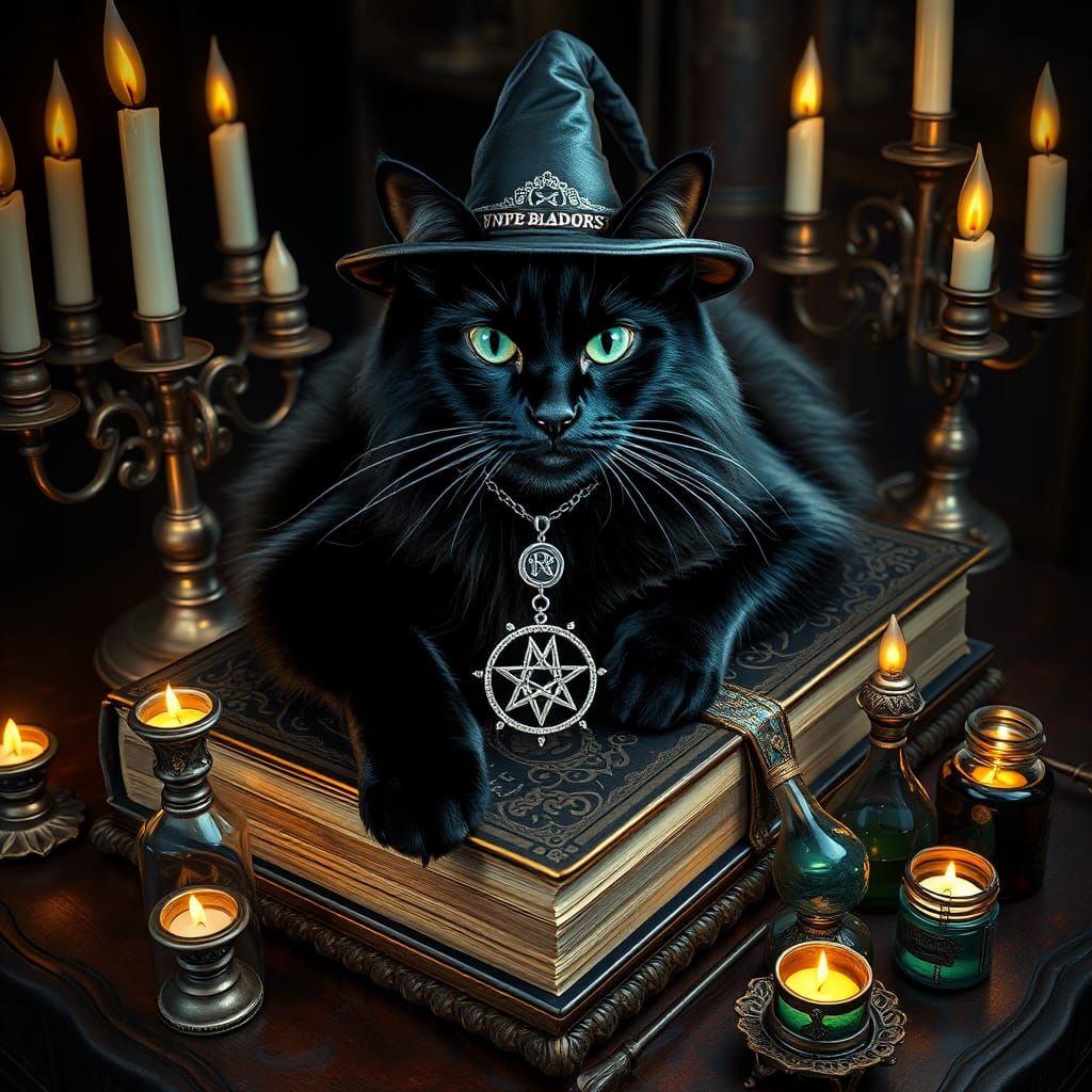 Mystical Black Cat Reclines on Ancient Tomes in Silver-Lit S...