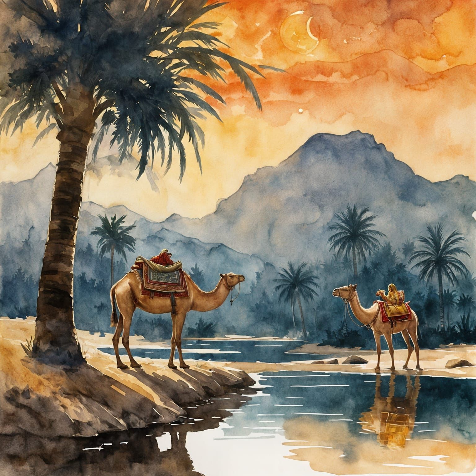 Magical Middle Eastern Night Scene in Gouache Style
