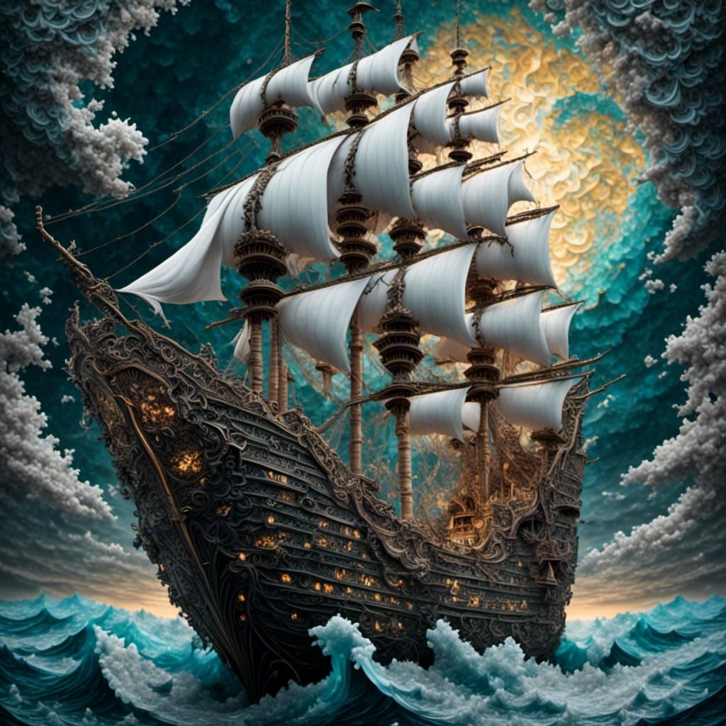 Majestic white pirate ship made of iridescent glass, sailing in the swirling sea, black sail canvas, golden light shinin...