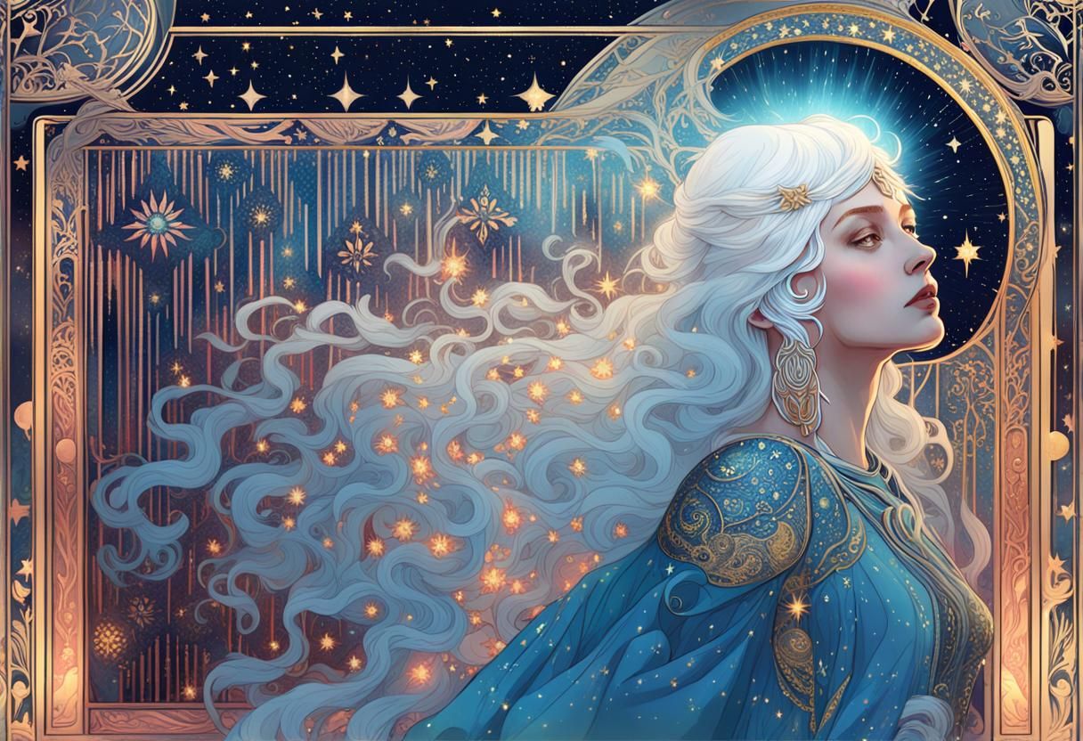 Ethereal Priestess in Art Nouveau Style with Stars