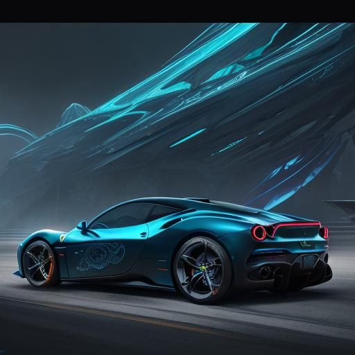 Futuristic Ferrari Concept Art in Neon Mystical Setting