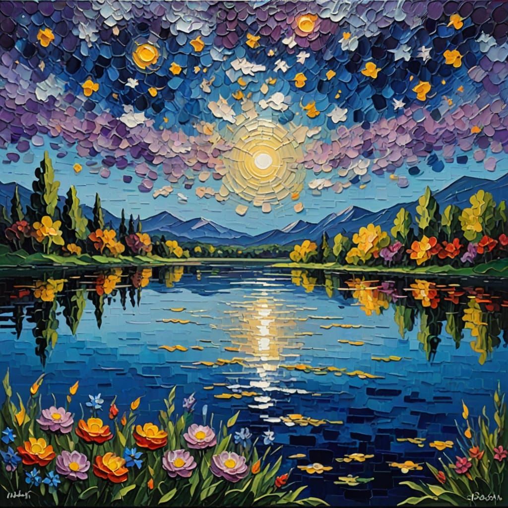 Impasto Landscape Painting with Starry Reflections
