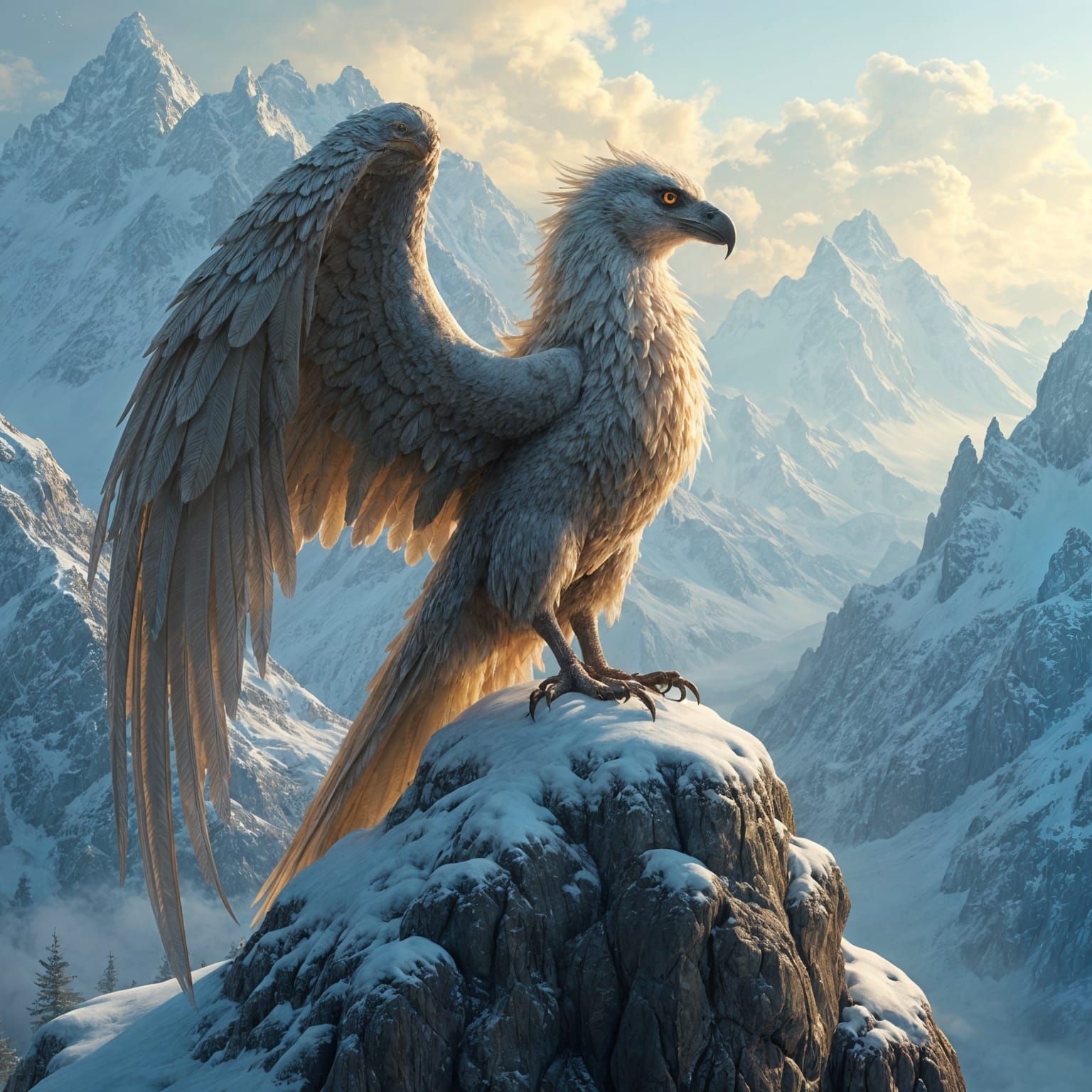 Iridescent Griffin on Snow-Capped Peak