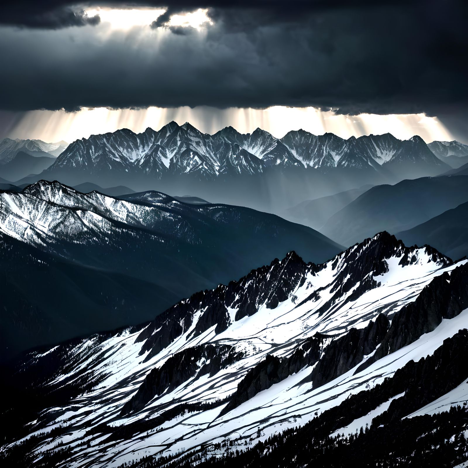 Dramatic Mountain Landscape with Eerie Backlit Sky