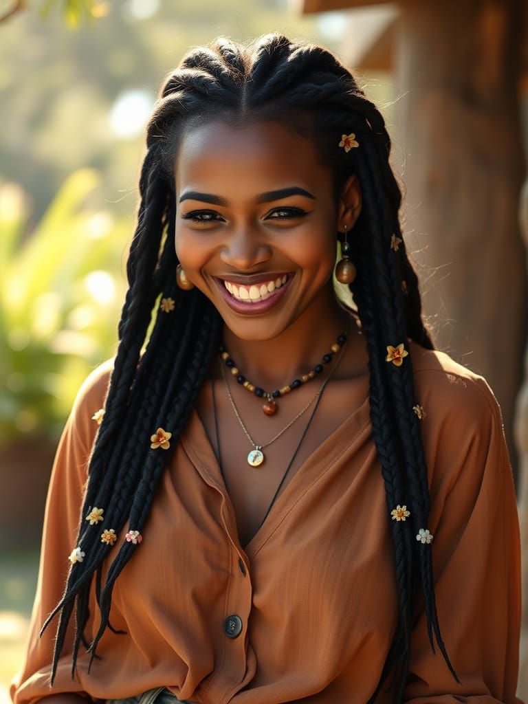 Woman in Vibrant Braids Captured in Realistic Airbrush Portr...
