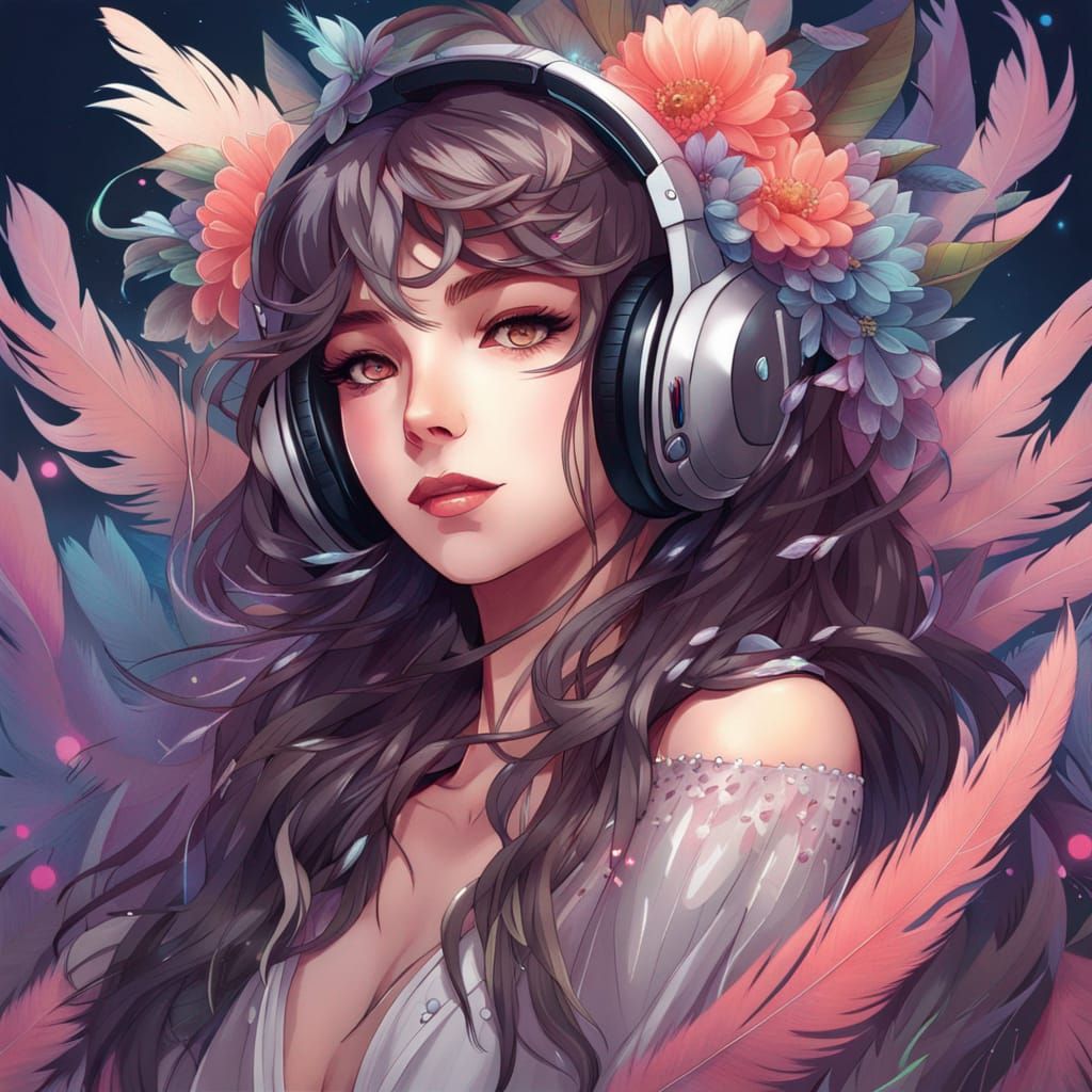 Anime Streamer Girl with RGB Lights and Feathers