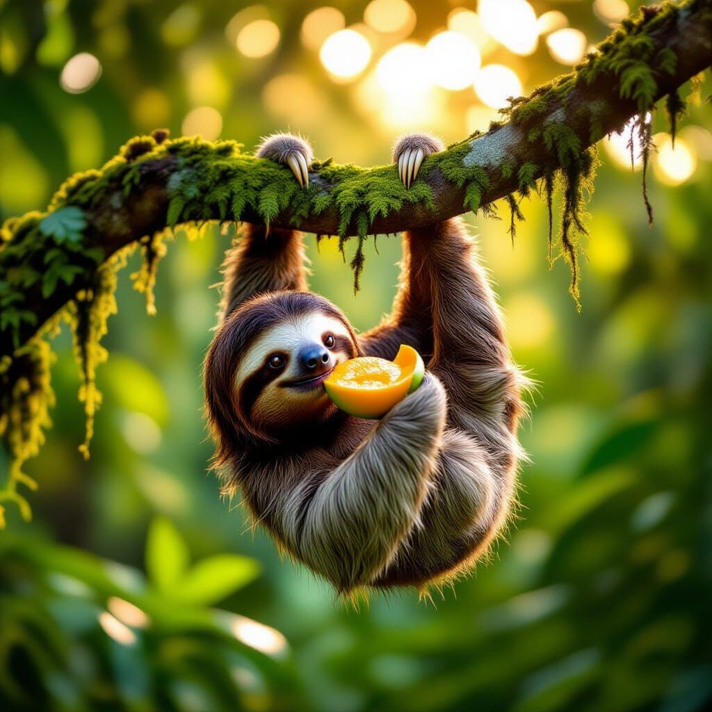 Photorealistic Sloth Eats Mango in Rainforest