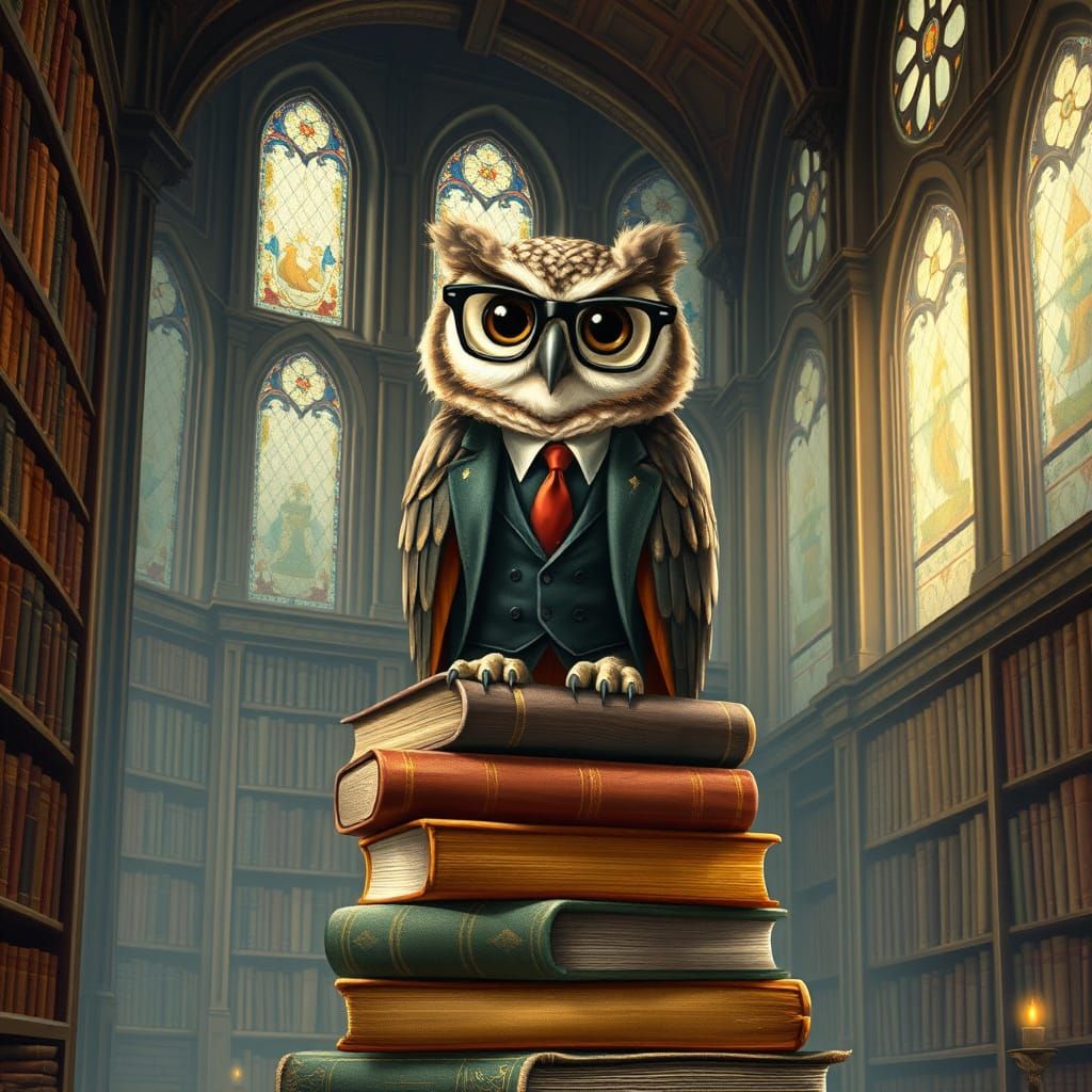 Scholarly Owl in Library, Children's Book Illustration