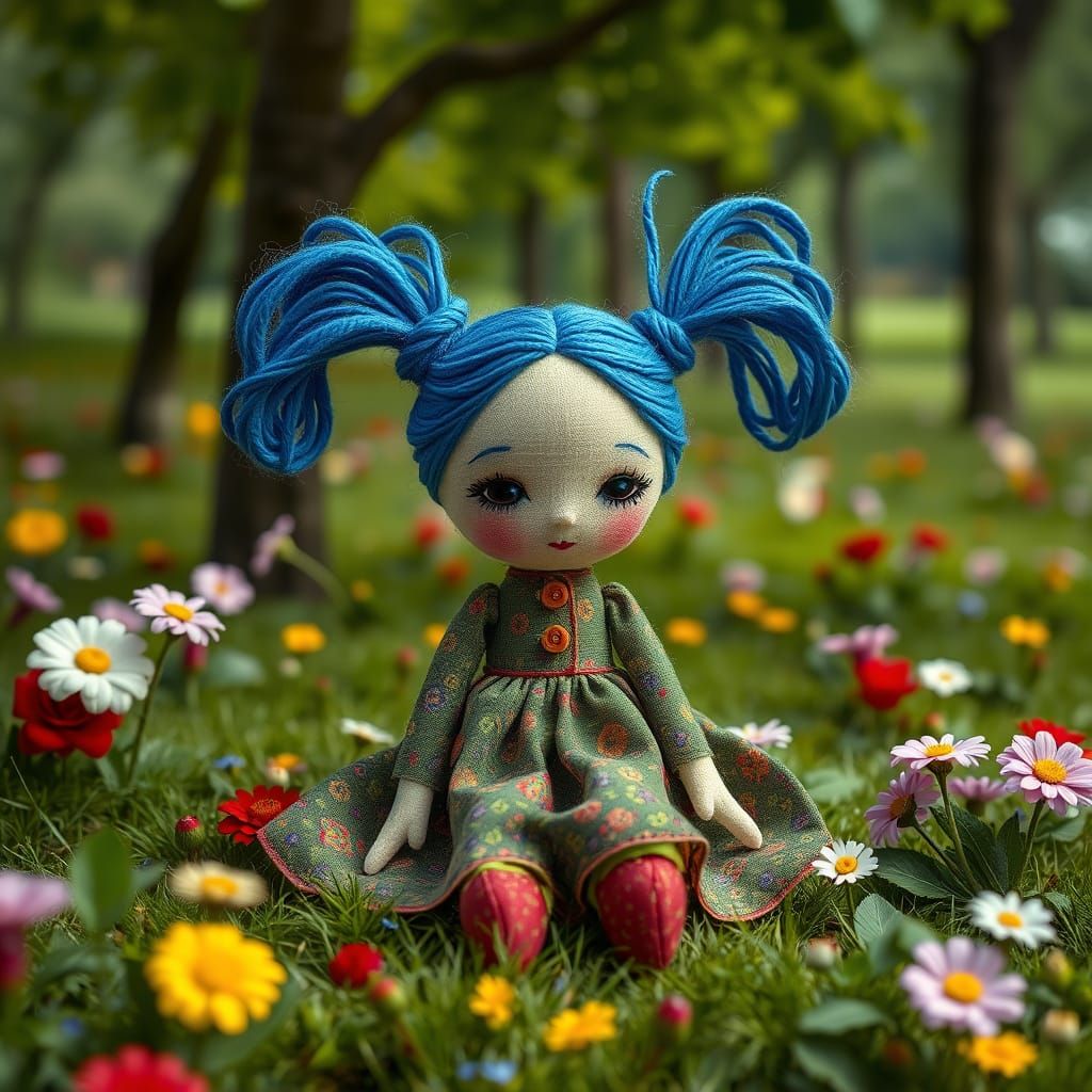 Whimsical Fabric Doll in Vibrant Pre-Raphaelite Park