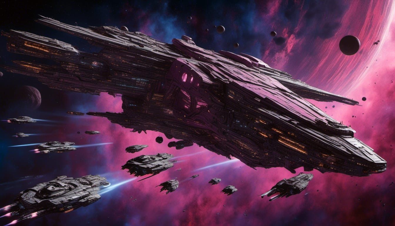 Fleet of Spaceships Gliding Through Glowing Nebula