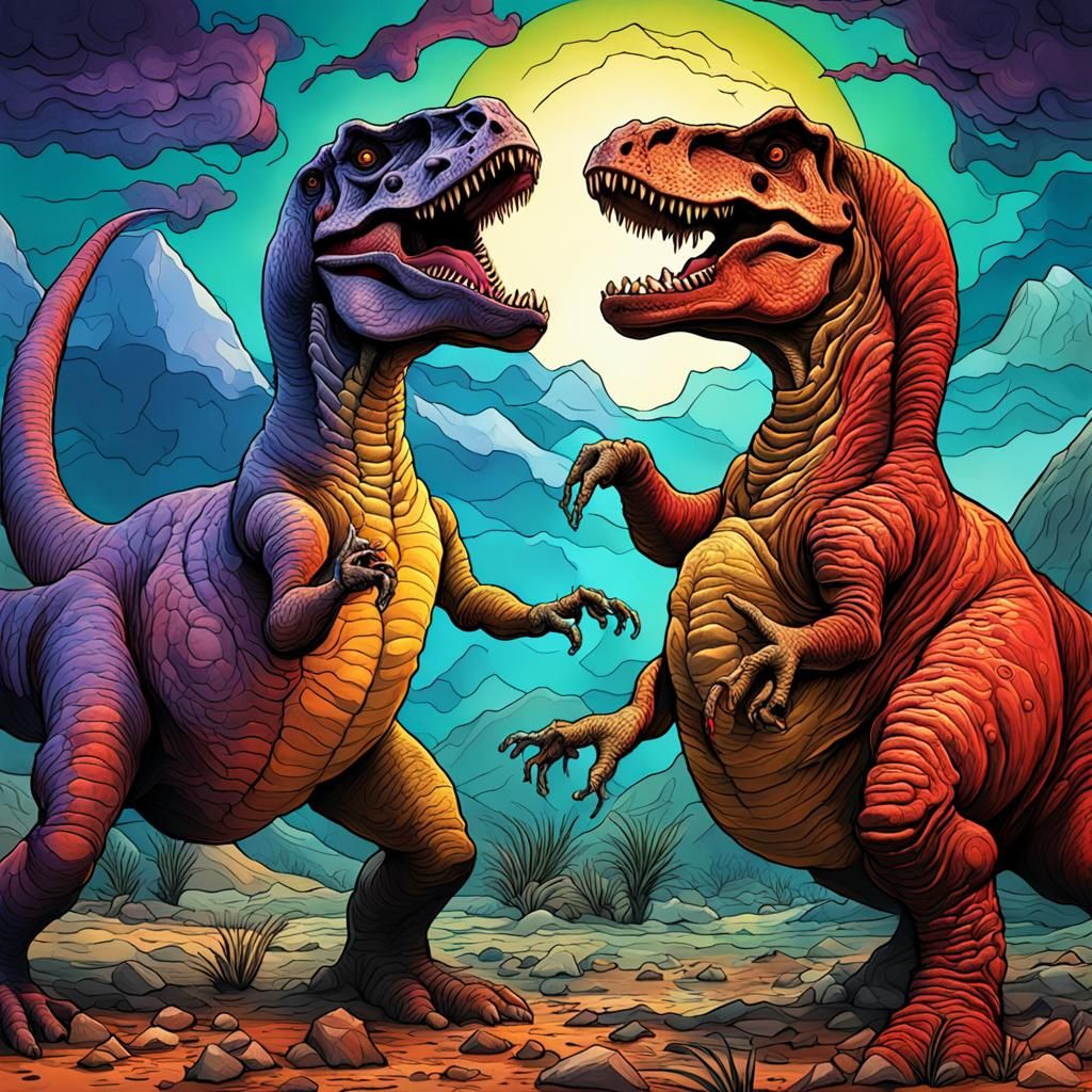 Tyrannosaurus rex and Ulughbegasaurus fighting to the slaughtering death
