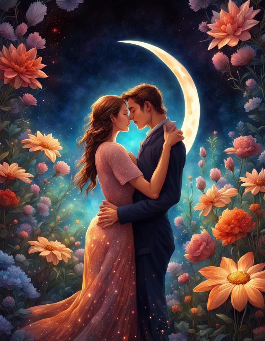 Couple Kissing in Jeweled Flower Garden