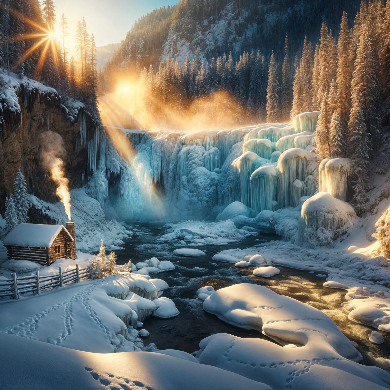 Enchanted Winter Valley with Frozen Waterfall and Rainbow Ic...