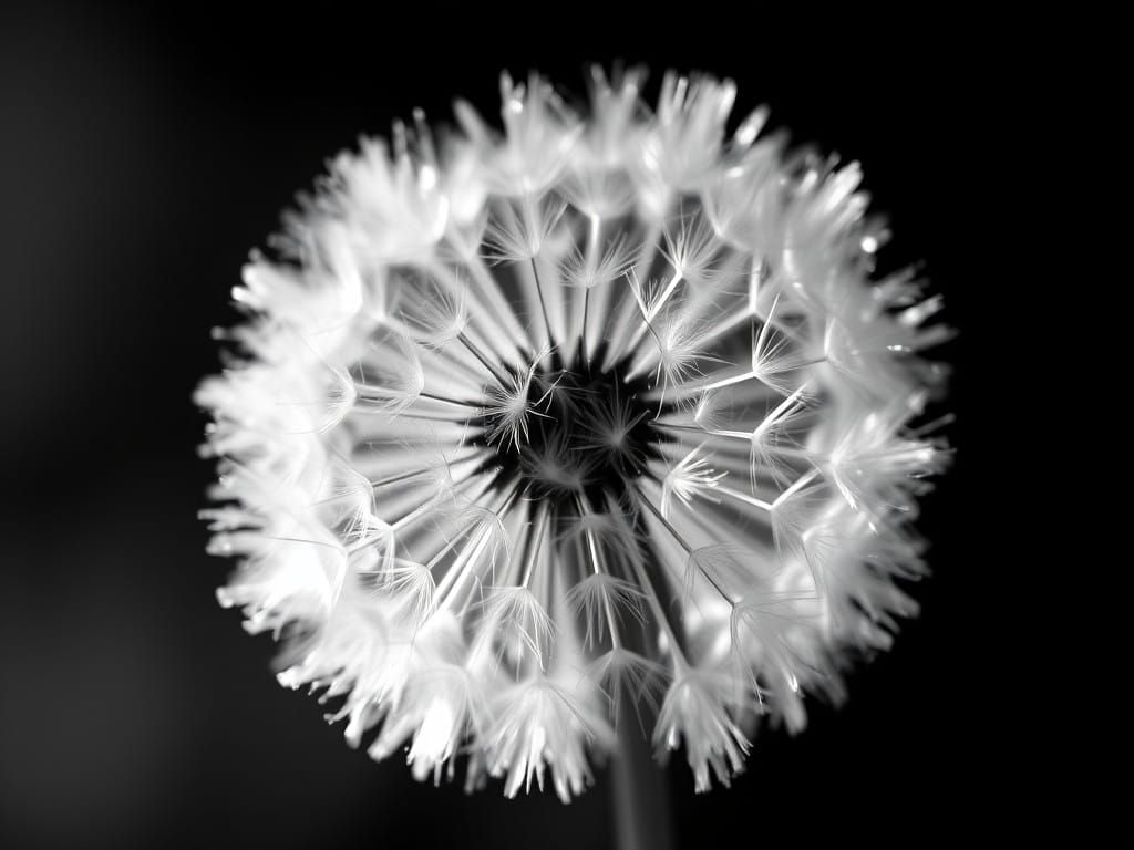 Surreal Close-Up of a Dandelion Blowball in Monochromatic Ab...