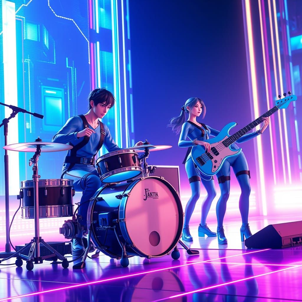 Musicians Perform on a Futuristic Stage in Neon-Lit Sci-Fi A...