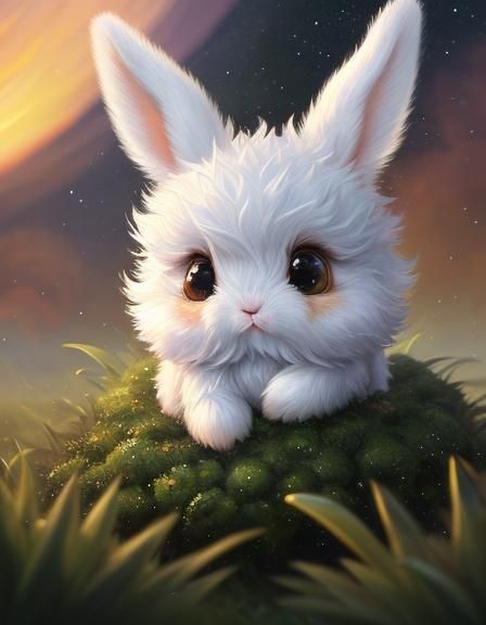 Fantasy Baby Bunny in Flower Rain, Oil Painting