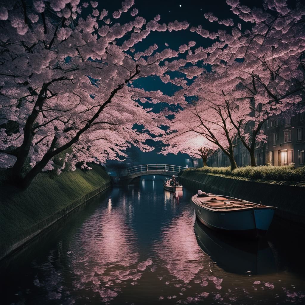 Moonlit Canal: Cherry Blossoms and a Passing Boat