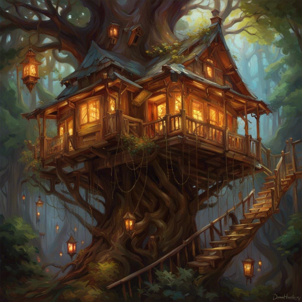 Vibrant Treehouse: Hyper-Detailed Oil Painting