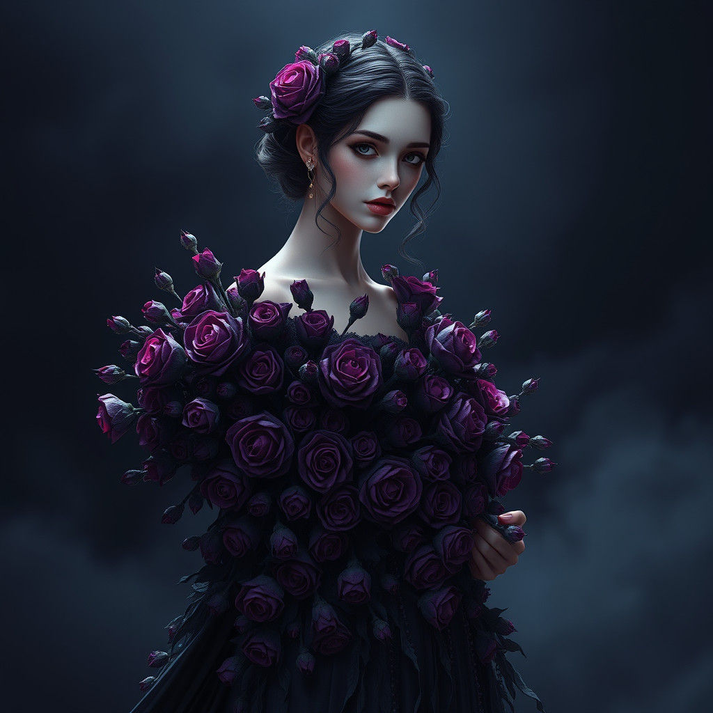Rosebud Gown: Regal Woman in Fantasy Art Style