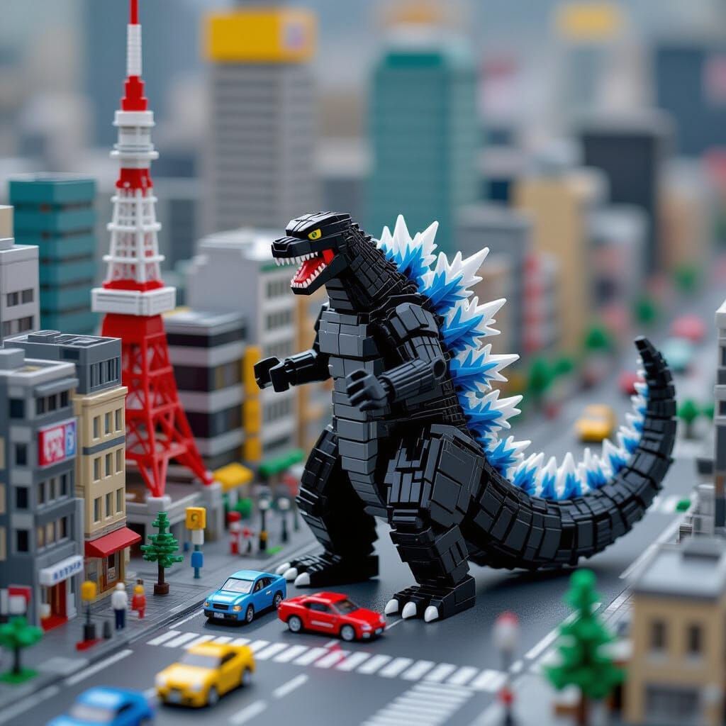 Cute Lego Godzilla Stomps Miniature Tokyo in Macro Photo