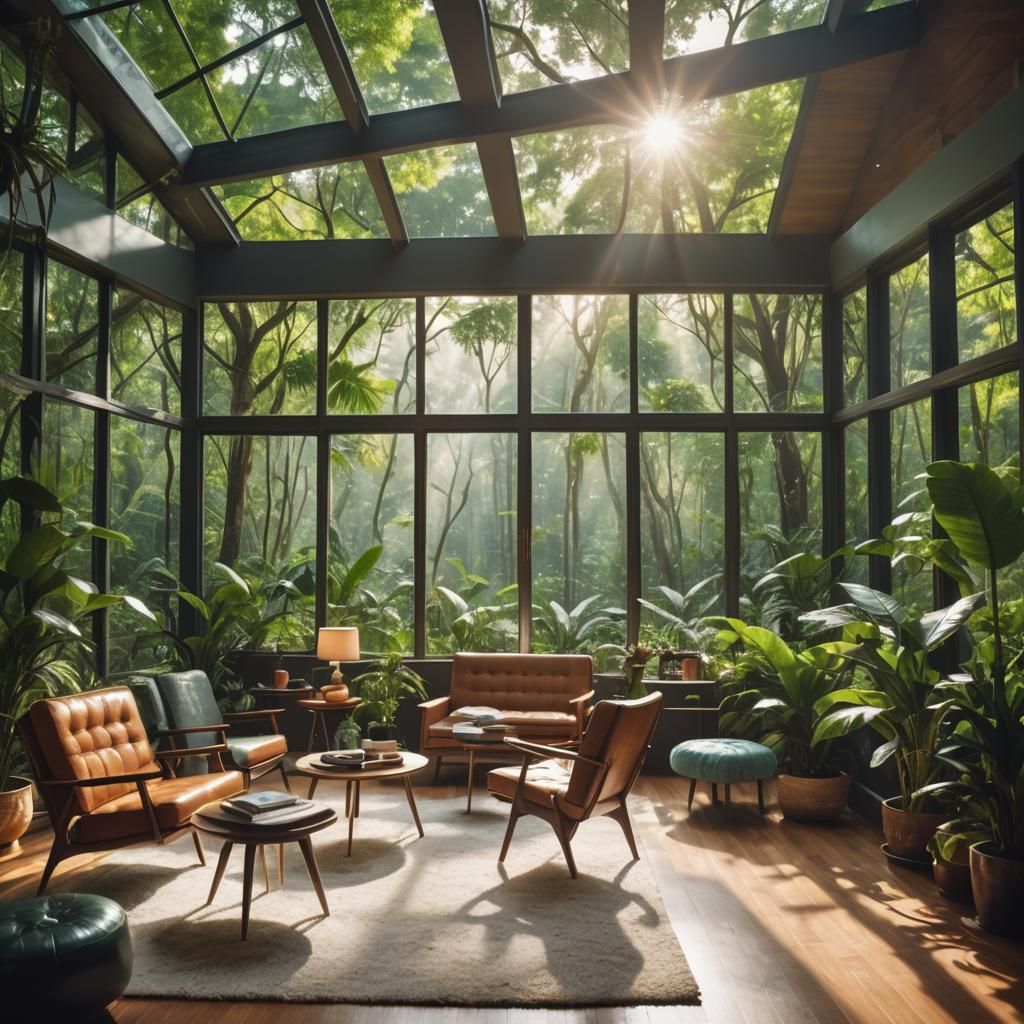 Mid-Century Modern Room with Rainforest View