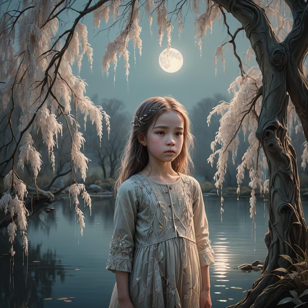 A serene nocturnal scene with a luminous full moon, calm wat...