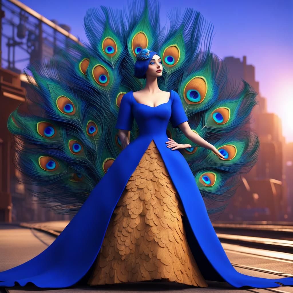 Peacock Feather Dress on Mannequin: 3D Digital Art