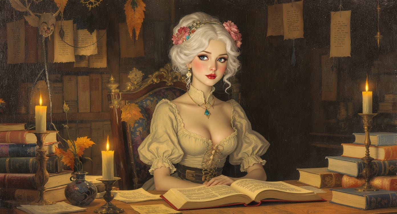 Nostalgic Woman Surrounded by Old Books and Artifacts