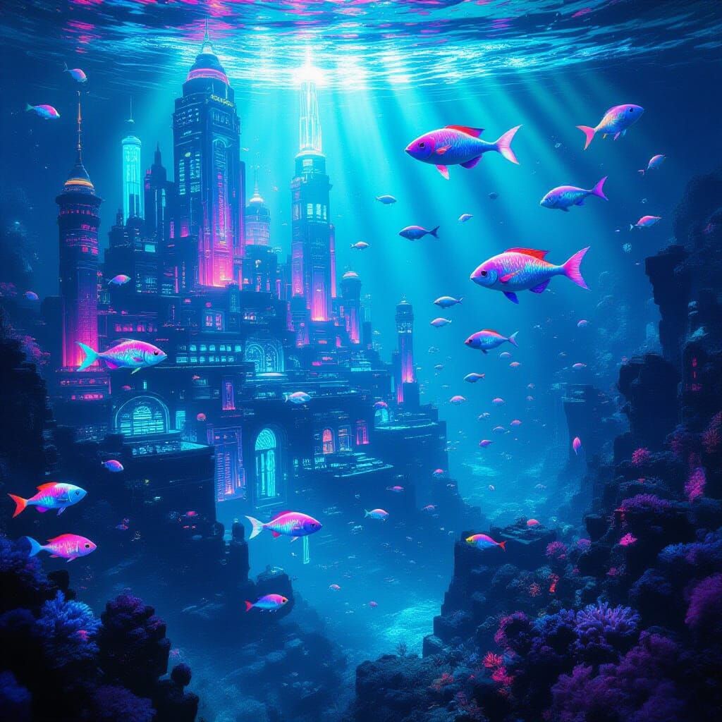 Bioluminescent Coral City on Ancient Ruins