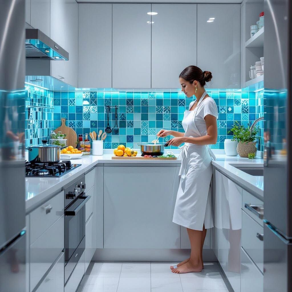 Modern Kitchen with Mosaic Tiles, Syd Mead Style