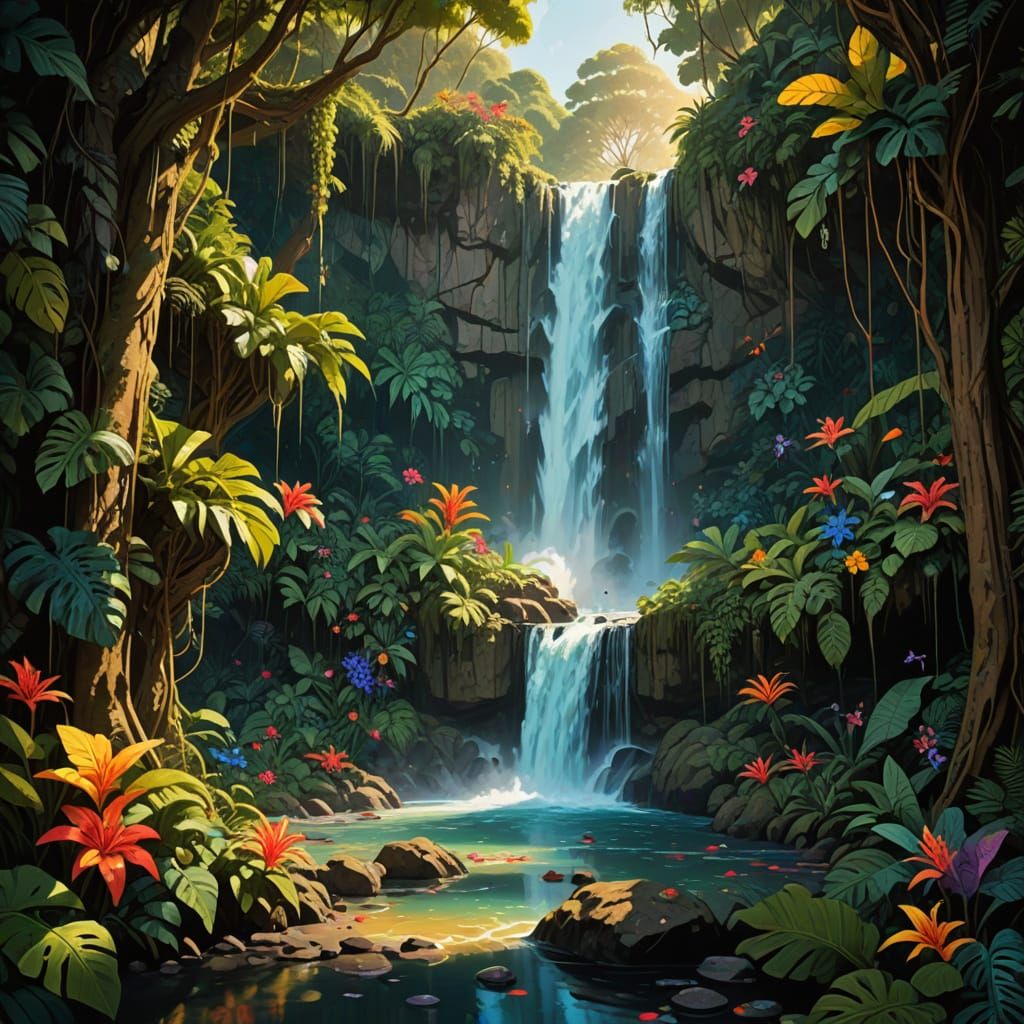 Surreal Jungle Waterfall in Vibrant, Psychedelic Colors