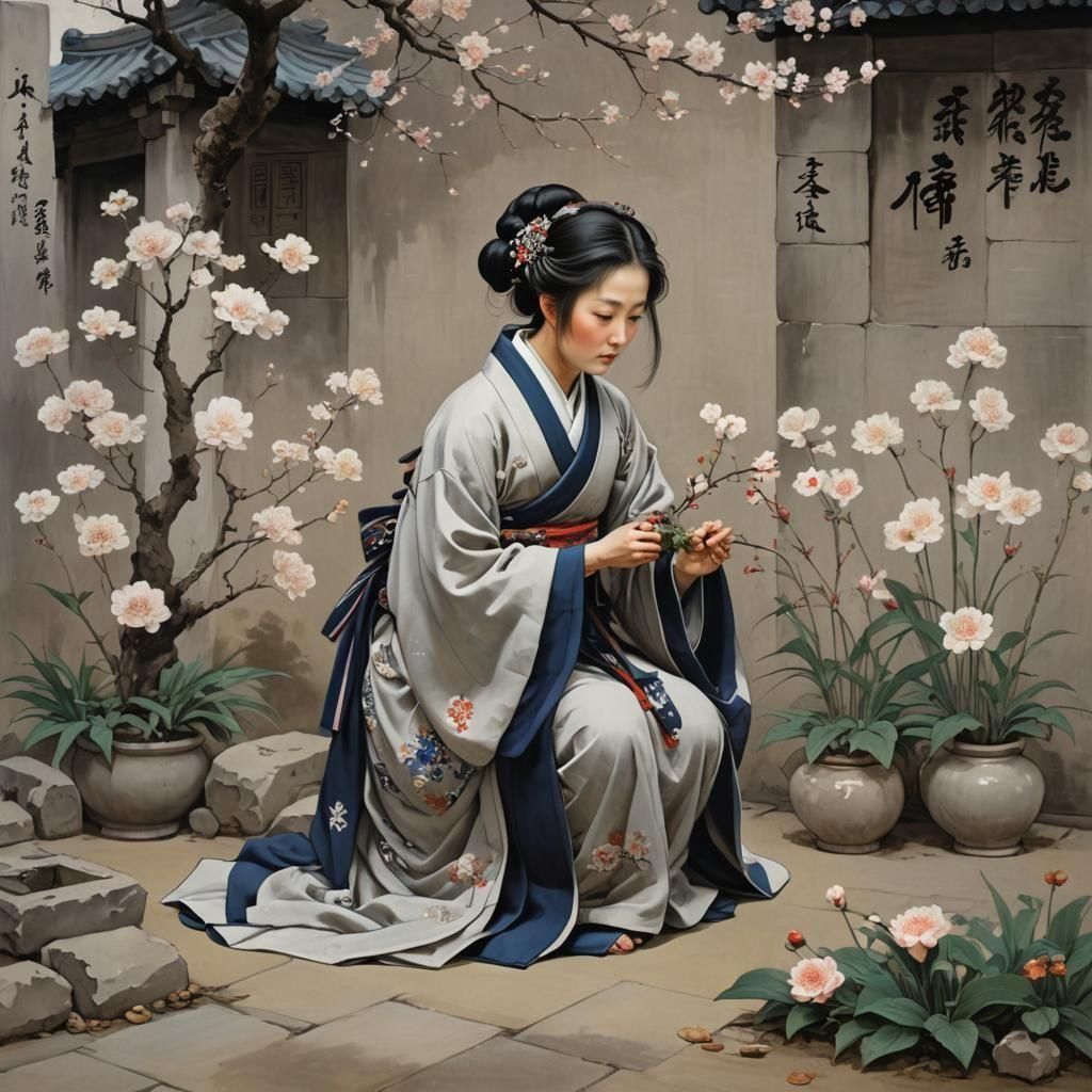 Melancholic Daiyu Burying Flowers: Matte Painting