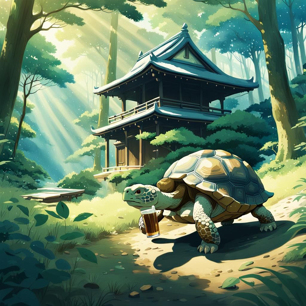 Tortoise Drinks Beer in Studio Ghibli Forest