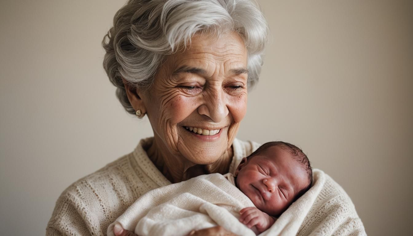 Touching Portrait of Grandmother and Newborn Baby