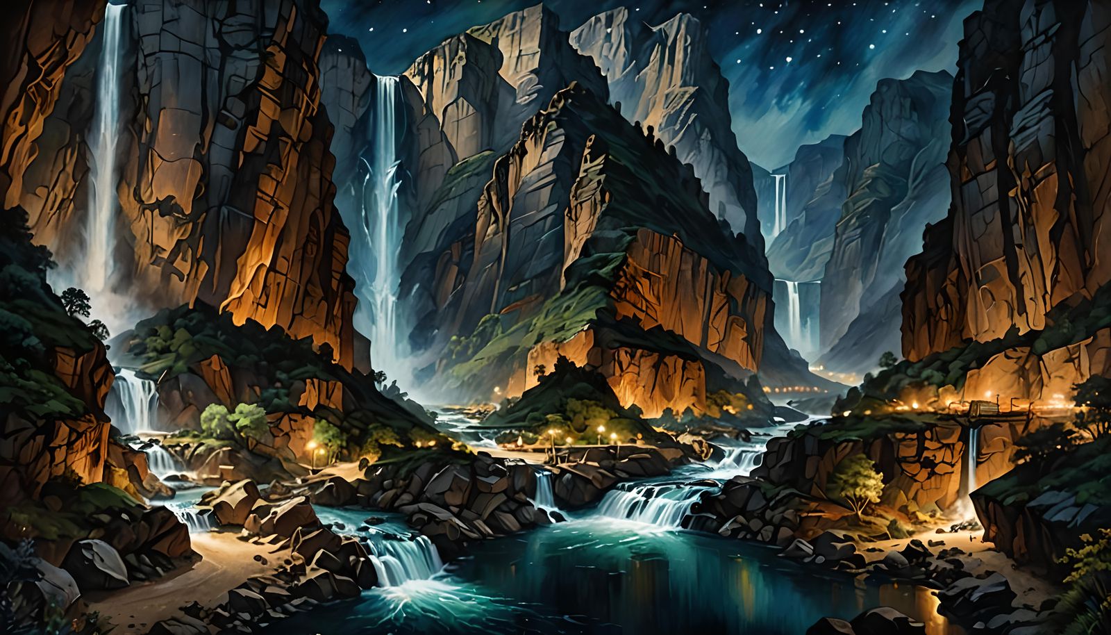 Night Canyon Waterfalls in Watercolor Style