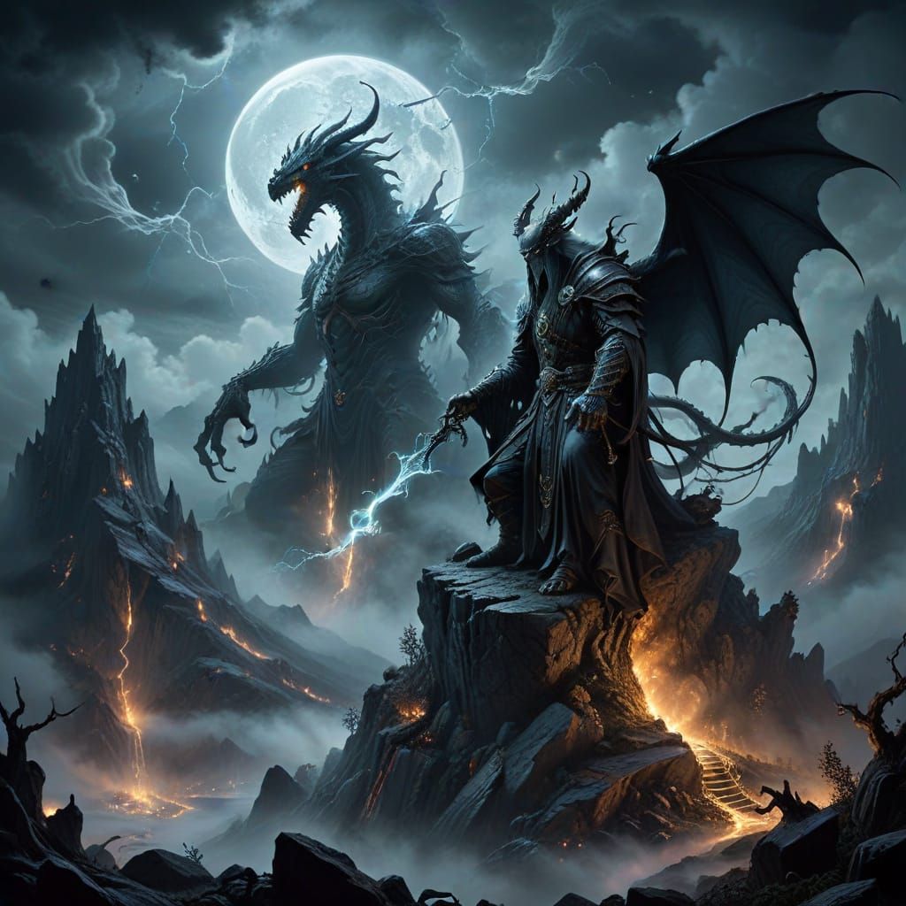 Old Wizard Conjures Energy on Mountain in Dark Fantasy Style